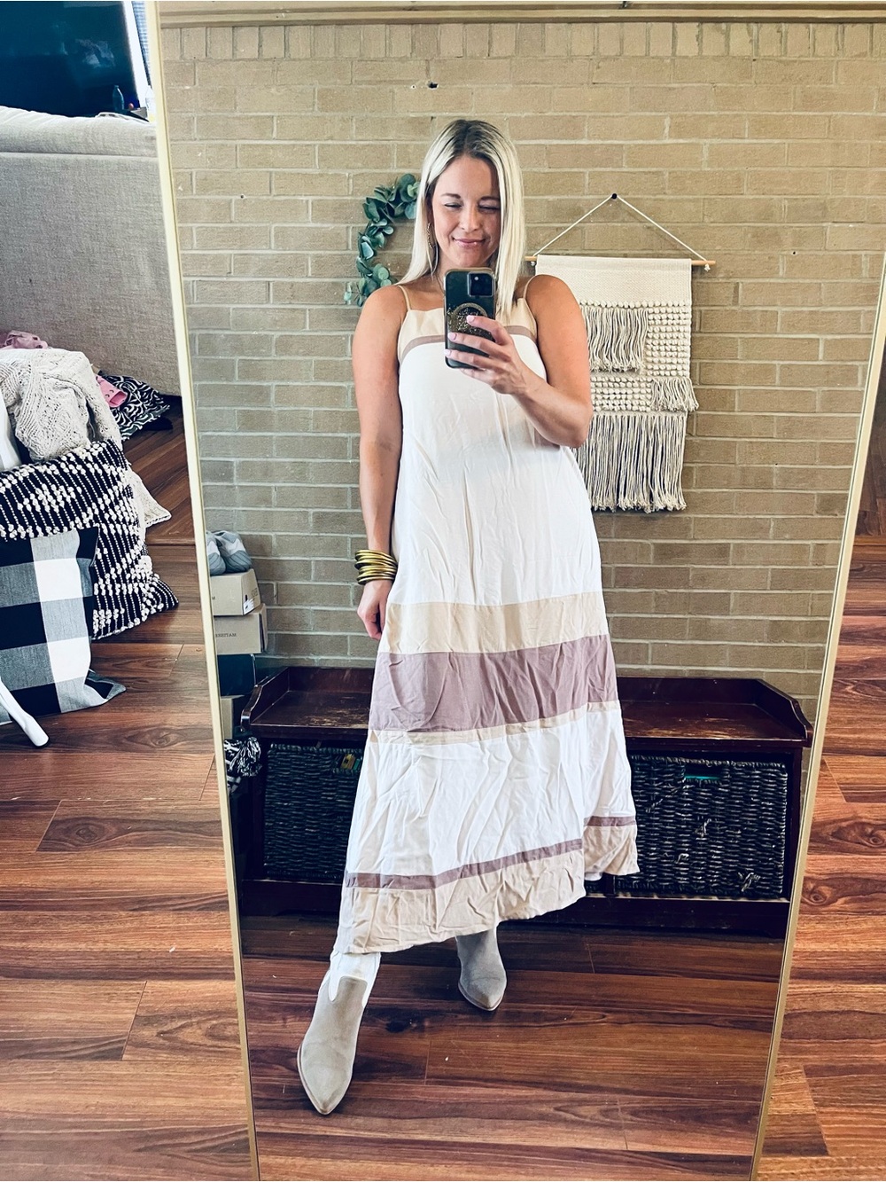 Mustard Seed Cream and Tan Striped Spaghetti Strap Midi Dress